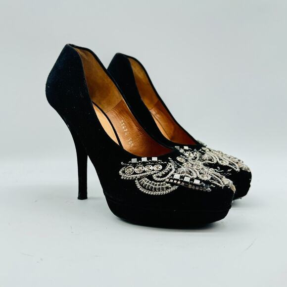 Dries van Noten Shoes Womens 6.5 Black Suede Heels Silver Beaded Chain Stilettos - Picture 2 of 12